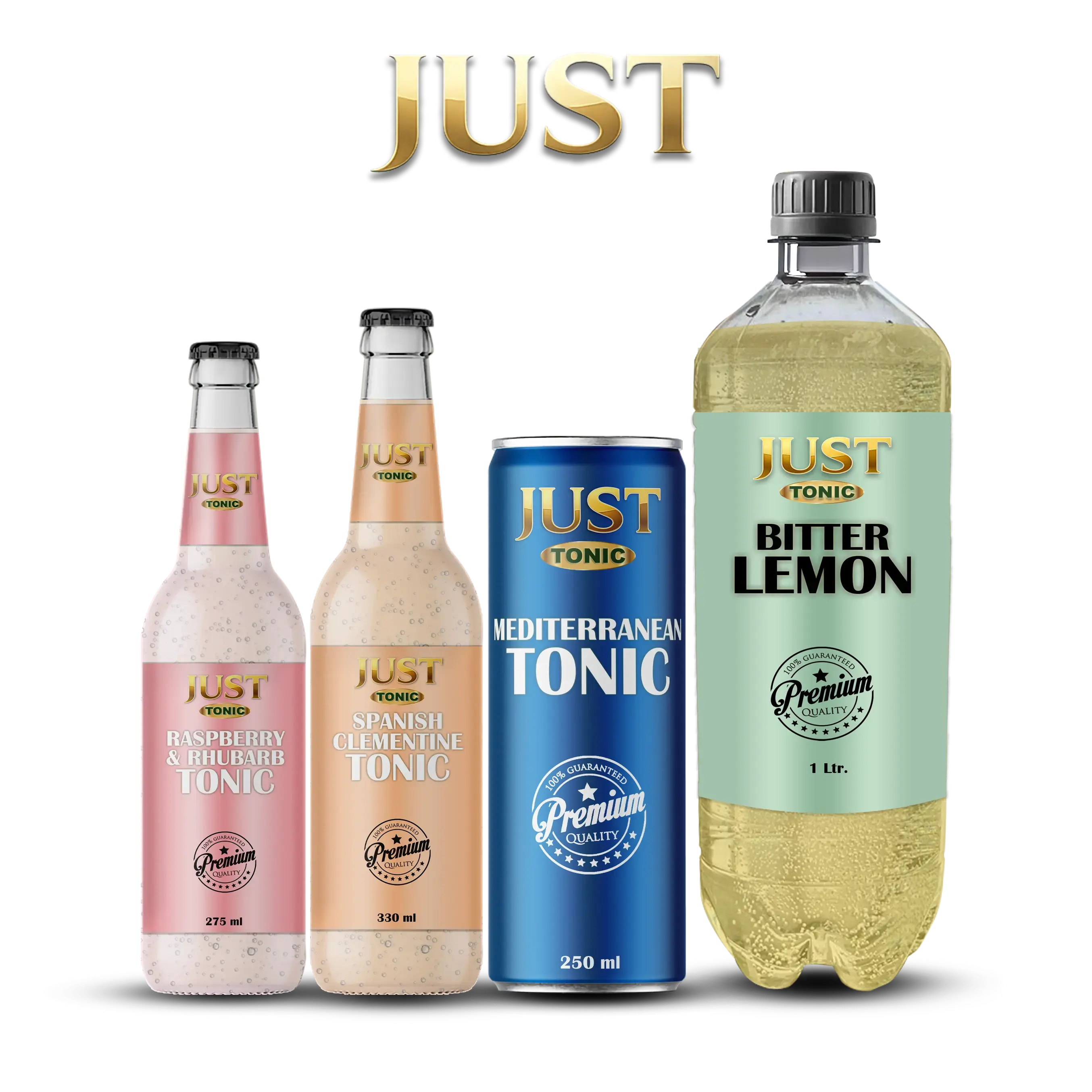 JUST Tonic range featuring Raspberry &amp;amp;amp;amp;amp; Rhubarb 275 ml, Spanish Clementine 330 ml, Mediterranean Tonic 250 ml can, and Bitter Lemon 1 L bottle.